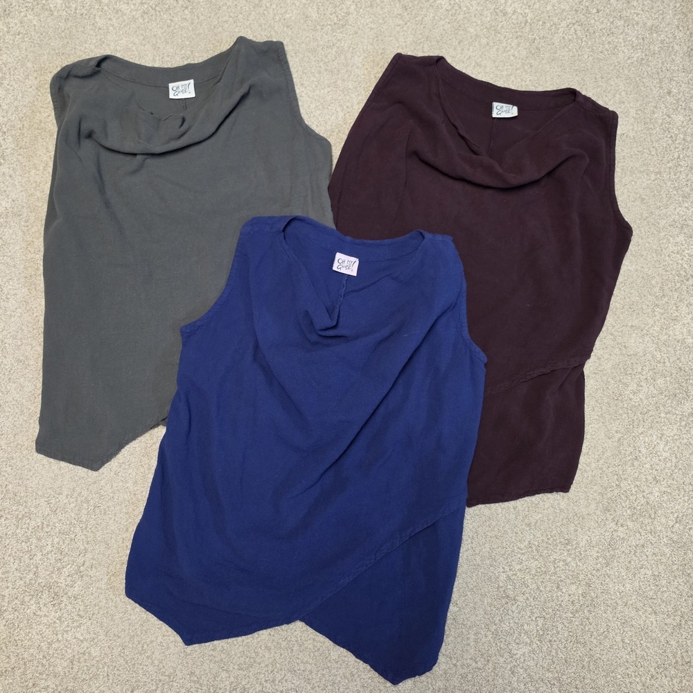 Oh My Gauze! 3 Tank Top Lot Sz 1 S/M Blue Gray Burgundy Crinkle Cotton Sleeveles